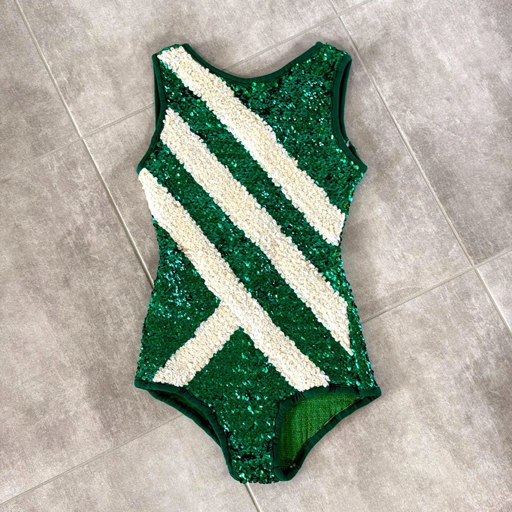 Vintage 1980's Kelly Green/White Sequin Stretch Elastic Majorette Leotard